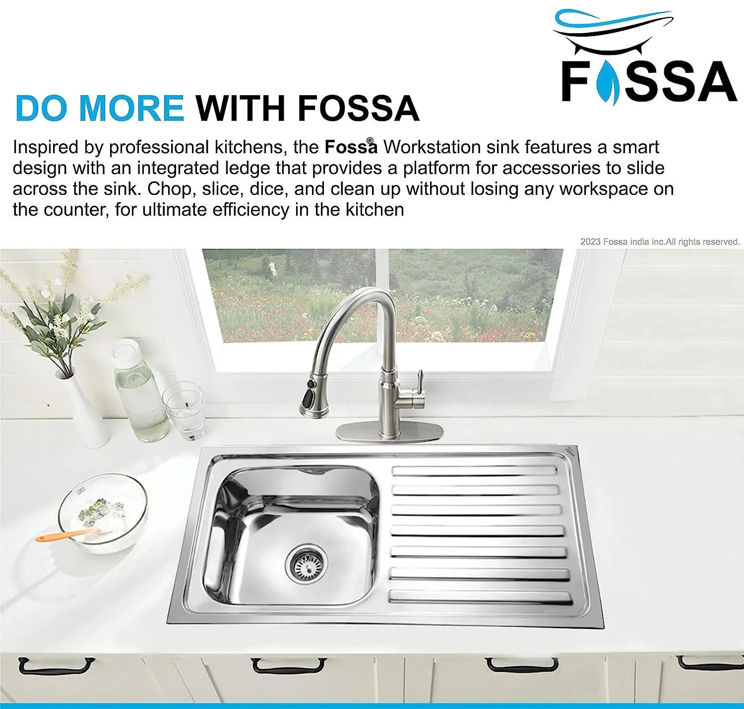 Fossa 45"x20"x10" inch Single Bowl With Drain Board 304 Grade Stainless Steel Kitchen Sink With SS Coupling Glossy Finish Fossa Home
