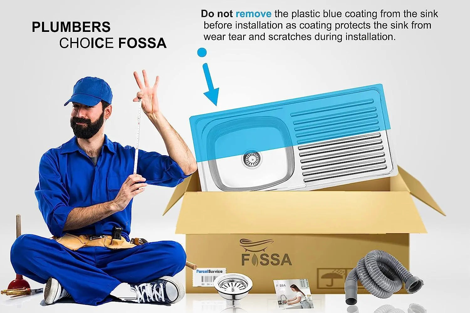 Fossa 45"x20"x10" inch Single Bowl With Drain Board 304 Grade Stainless Steel Kitchen Sink With SS Coupling Glossy Finish Fossa Home