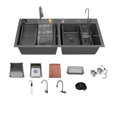 Fossa 47"x18"x10" inch Waterfall Double Bowl SS-304 Grade Stainless Steel Handmade Kitchen Sink, Matte Finish, FHS-WF3A Fossa Home