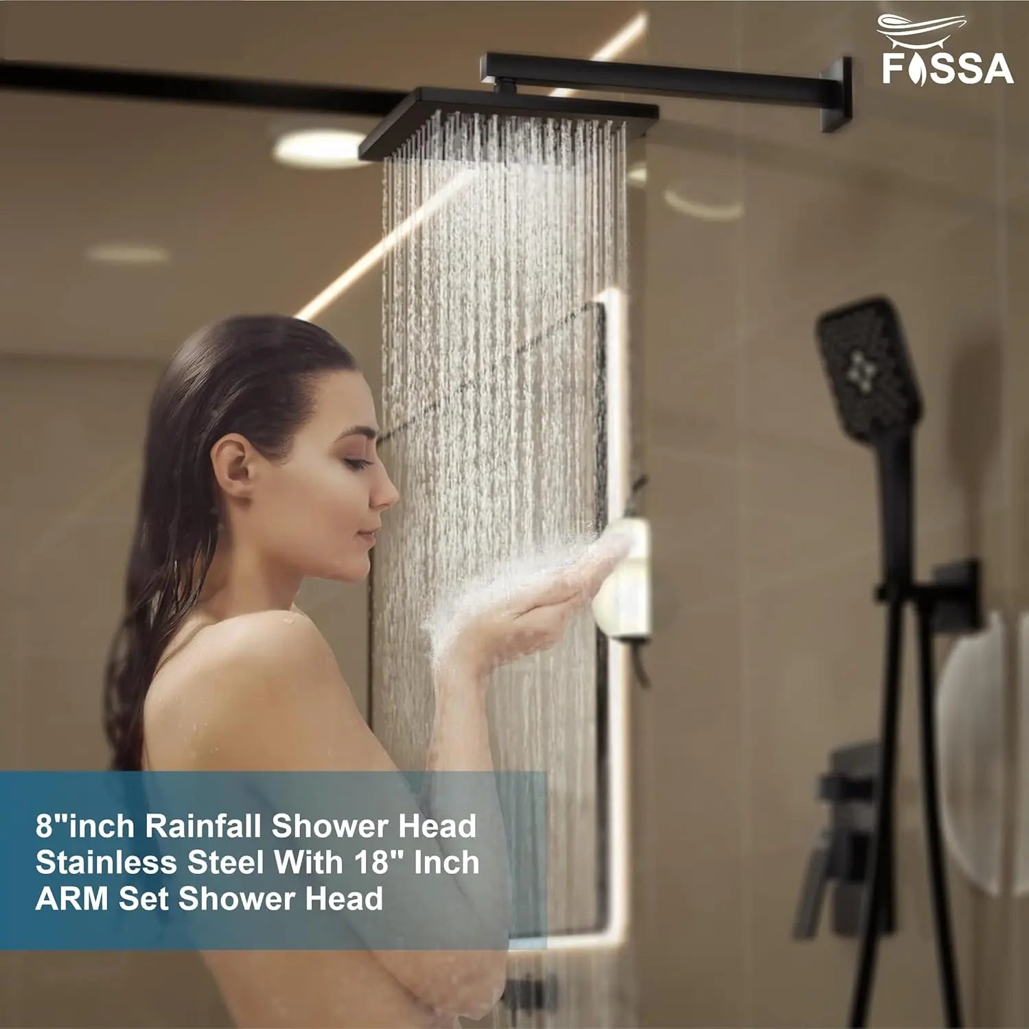 Fossa 8 Inch Rainfall Shower Head 304 Stainless Steel Rain Showers Overhead Wall Mounted (Black) Fossa Home