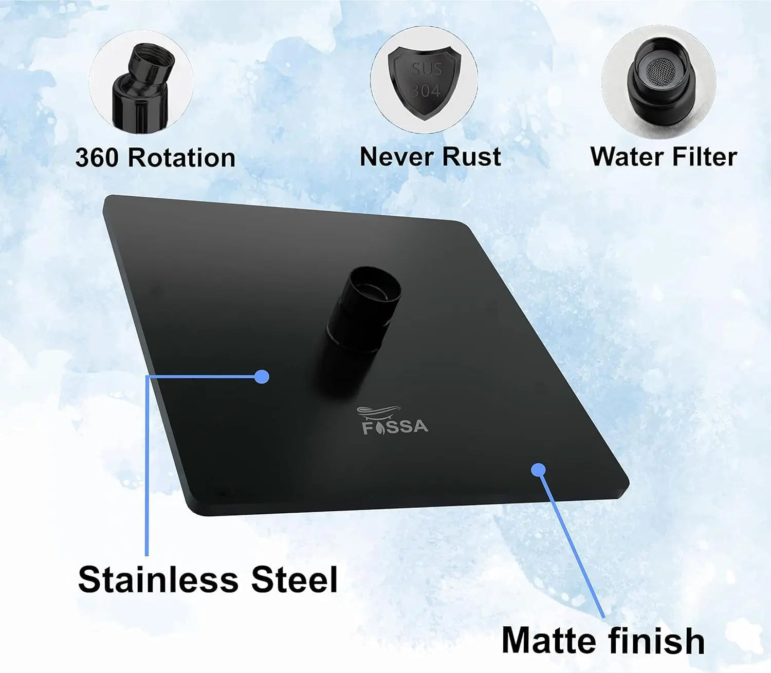 Fossa 8 Inch Rainfall Shower Head 304 Stainless Steel Rain Showers Overhead Wall Mounted (Black) Fossa Home
