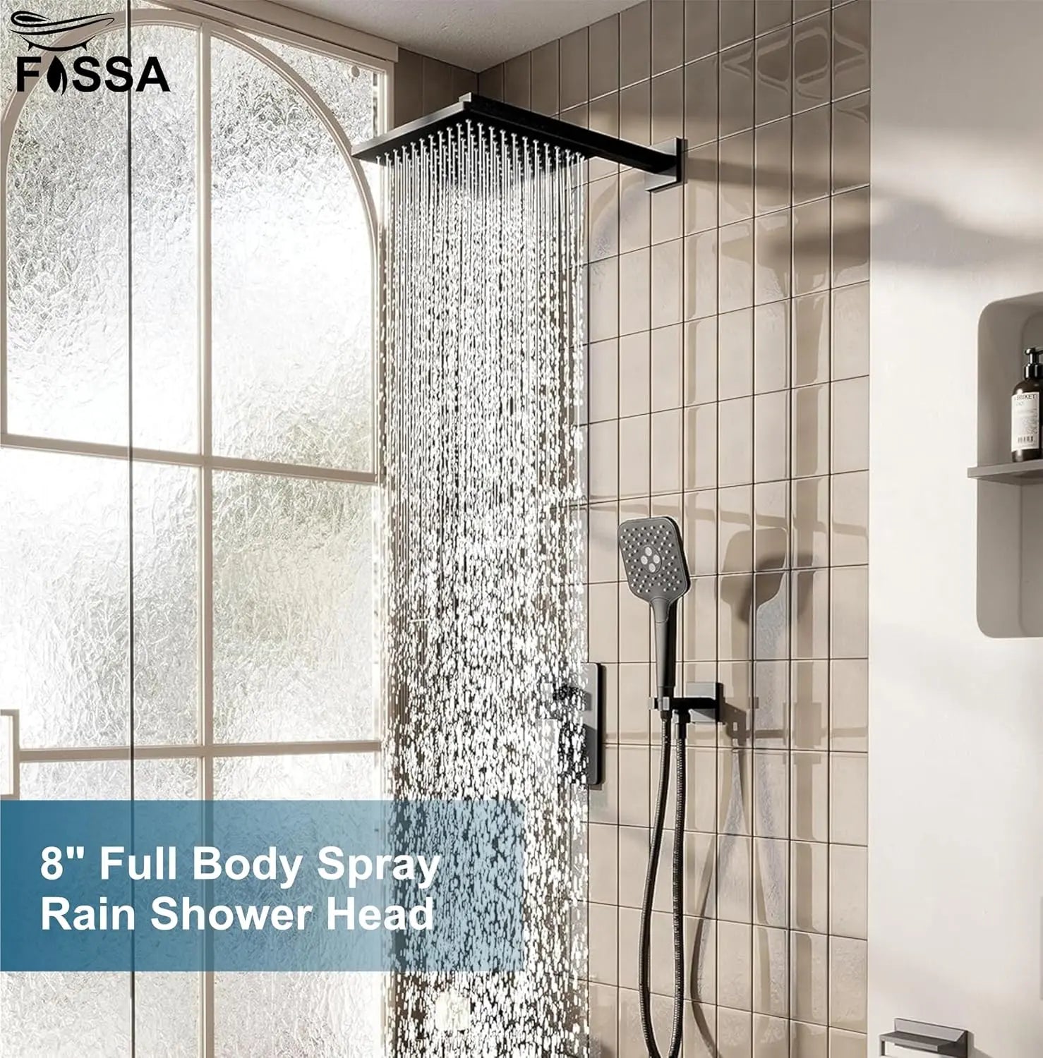 Fossa 8 Inch Rainfall Shower Head 304 Stainless Steel Rain Showers Overhead Wall Mounted (Black) Fossa Home
