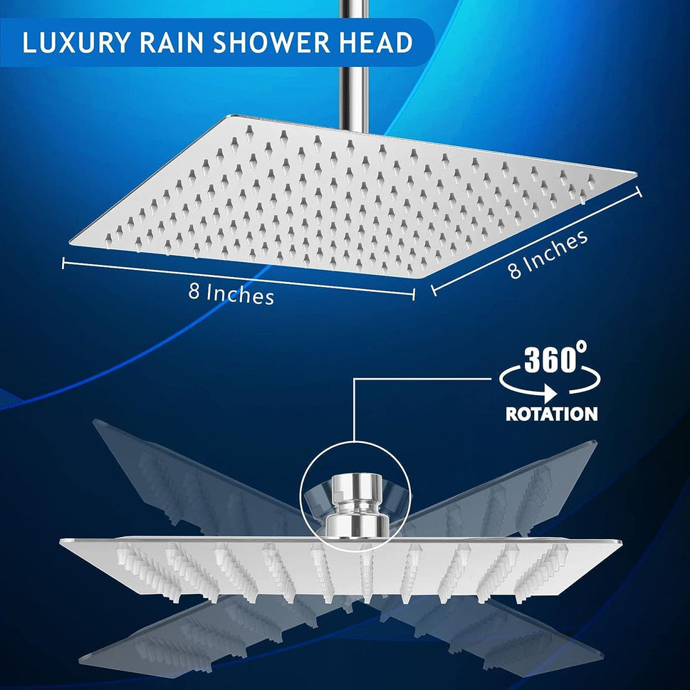 Fossa 8X8 Inch Rain Shower - Square High Pressure Shower Head Made of 304 Stainless Steel Chrome Finish (With Arm Set 15" Inch) Fossa Home