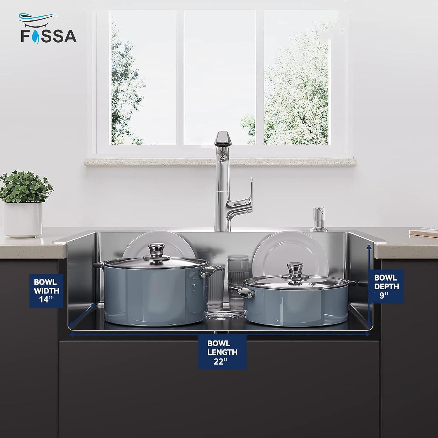 Fossa Black Kitchen Sink - 24"x18"x10" Stainless Steel Single Bowl Sink With Tap Hole,Drain Basket, Soap Dispenser, Siphon Drain - Topmount Sink for Campervan or Home Kitchen Fossa Home