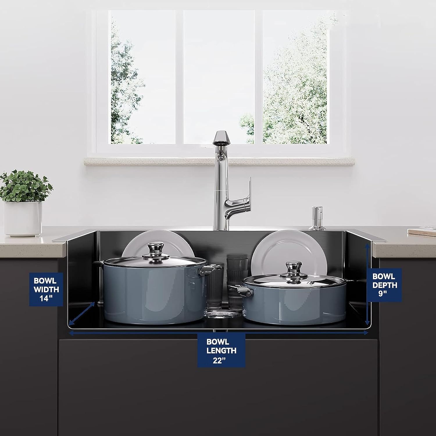 Fossa Black Kitchen Sink - 24"x18"x10" Stainless Steel Single Bowl Sink With Tap Hole ,Drain Basket, Soap Dispenser, Siphon Drain - Topmount Sink for Campervan or Home Kitchen Fossa Home