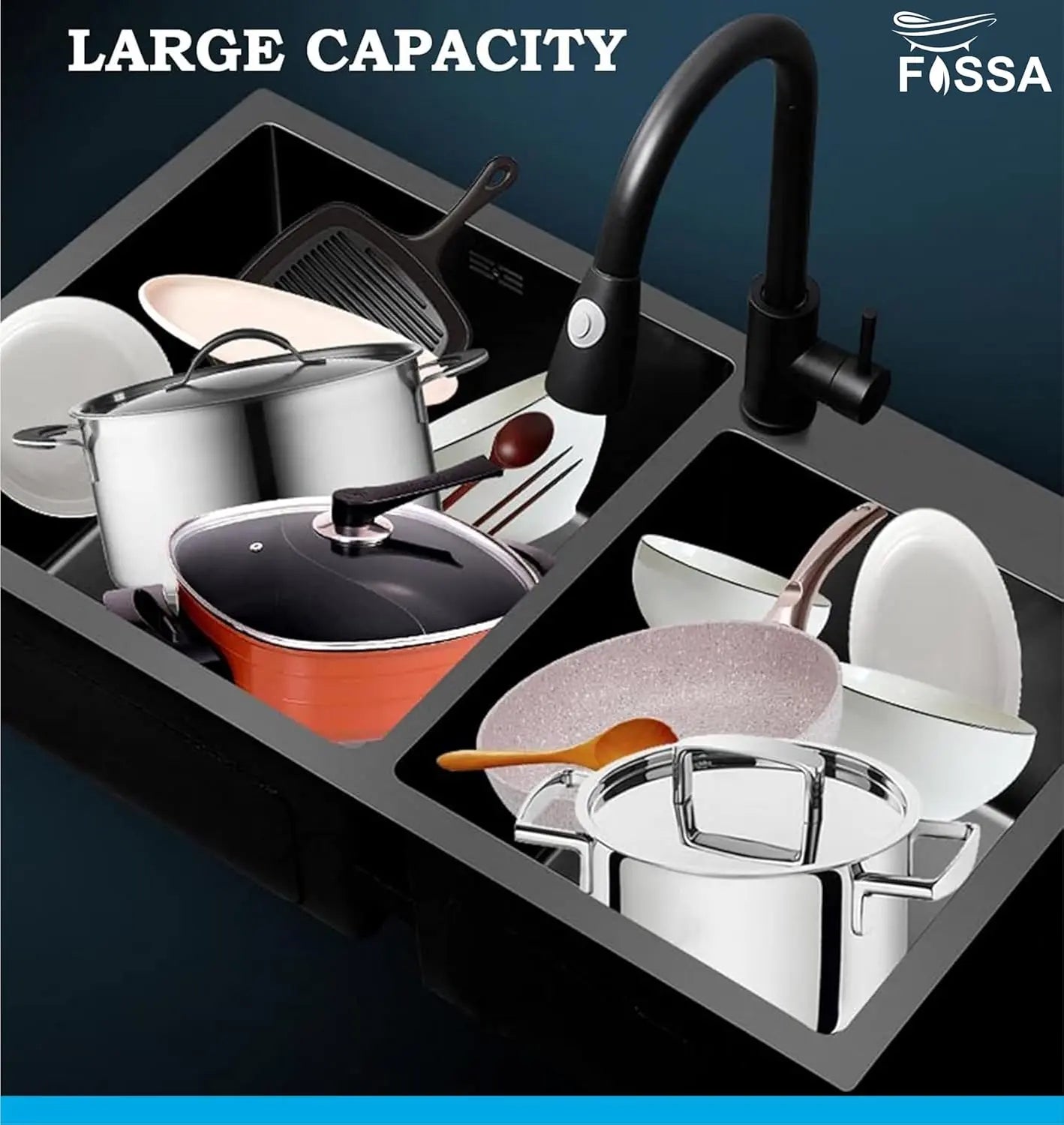 Fossa Black Kitchen Sink - 32" x18" x 09" Inch Stainless Steel Double Bowl Sink with Tap Hole, Drain Basket, Soap Dispenser, Drain - Topmount Sink for Campervan or Home Kitchen (Round Coupling) Fossa Home