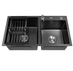Fossa Black Kitchen Sink - 32" x18" x 09" Inch Stainless Steel Double Bowl Sink with Tap Hole, Drain Basket, Soap Dispenser, Drain - Topmount Sink for Campervan or Home Kitchen (Round Coupling) Fossa Home