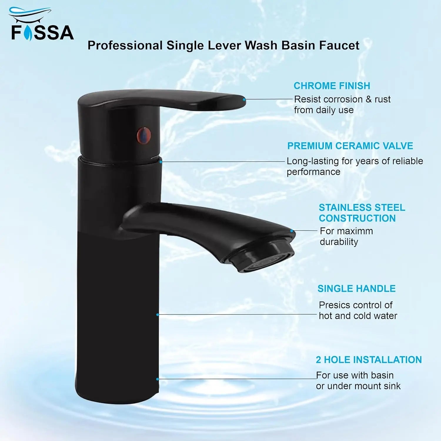 Fossa Brass Single Lever Basin Body Mixer countertop hot and Cold Water,wash Basin tap, with Hose Pipe Basin Mixer Faucet Chrome Finish ABS Handle (Black) Fossa Home