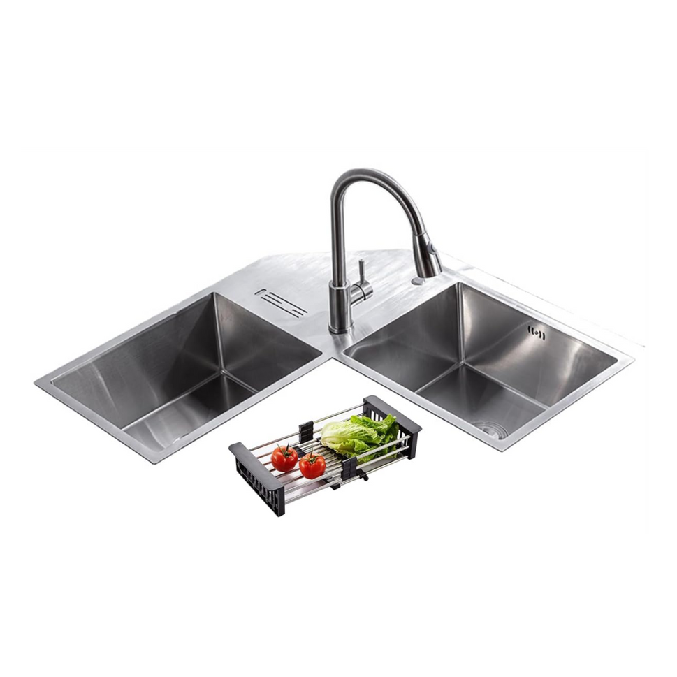Fossa Corner Sink 36"x36"x10" Double Bowl With Drain Board Premium Handmade Kitchen Sink Fossa Home