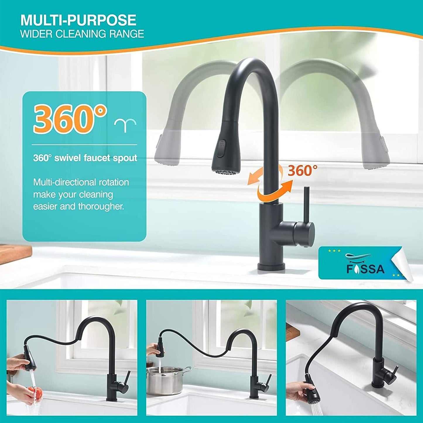 Fossa Extendible Spray Kitchen Tap 360° Swivel Range Sink Mixer Tap Made of Brass Black Single Lever Mixer Tap for Kitchen Sink (BSF-233) - Fossa Home 