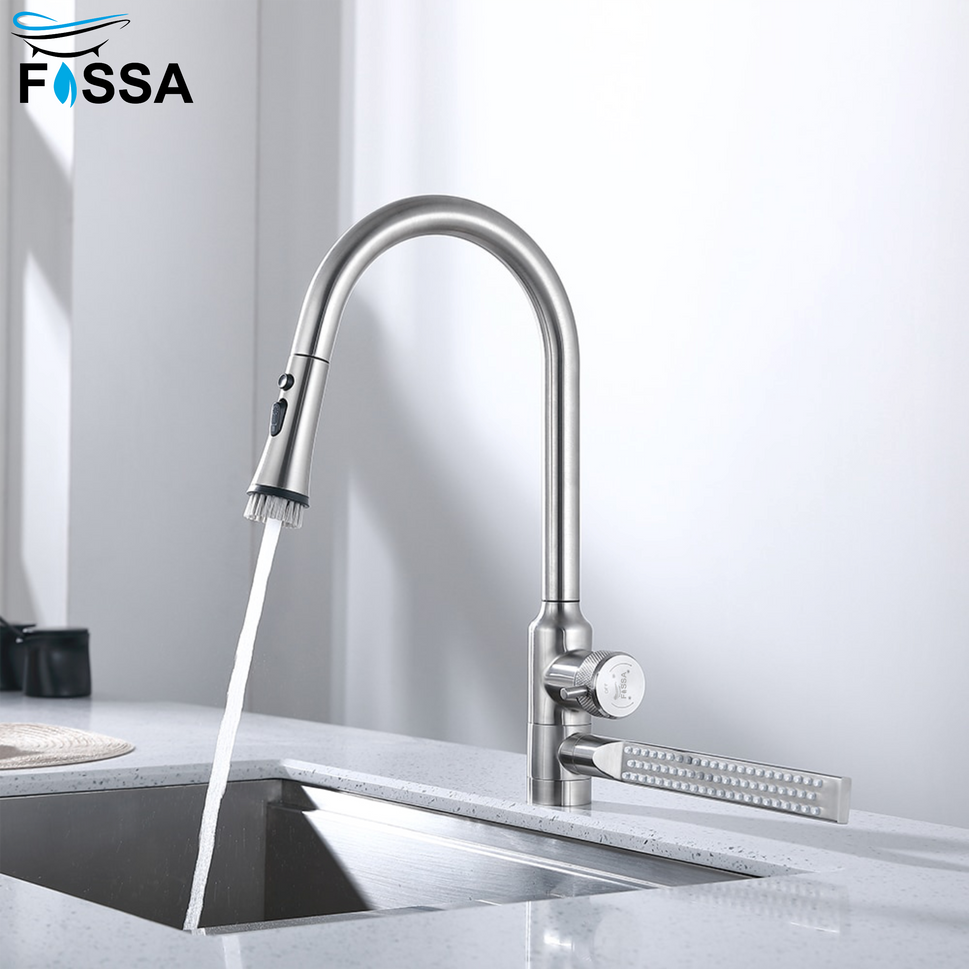 Fossa Integrated Waterfall Faucet Taps in-Built Shower Hot & Cold Water Supply and Pull-Out Faucet Taps 3 Way Multifunction Oprating Silver Fossa Home
