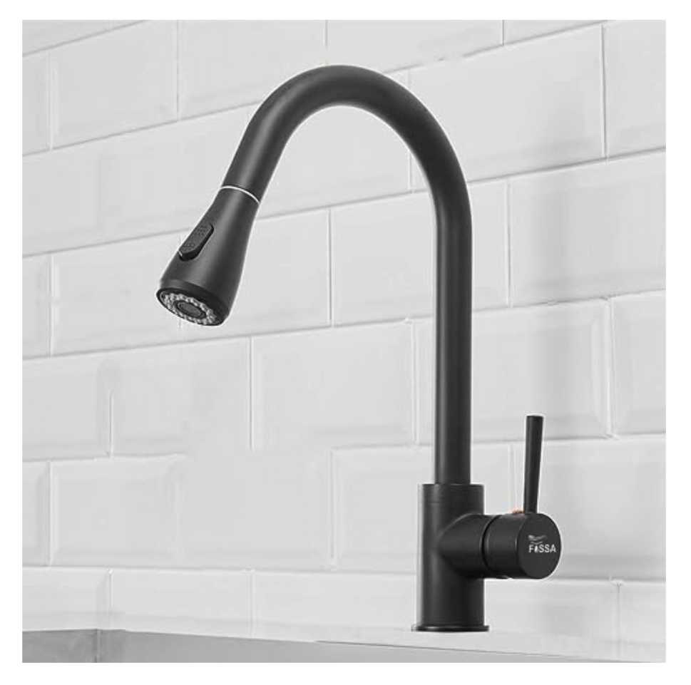 Fossa Kitchen Sink Mixer Tap with Pull Down Sprayer, Single Handle High Pull Out Kitchen Taps, Single Level Stainless Steel (Black) Fossa Home