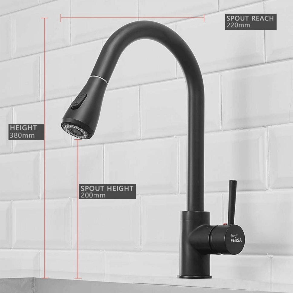Fossa Kitchen Sink Mixer Tap with Pull Down Sprayer, Single Handle High Pull Out Kitchen Taps, Single Level Stainless Steel (Black) - Fossa Home 
