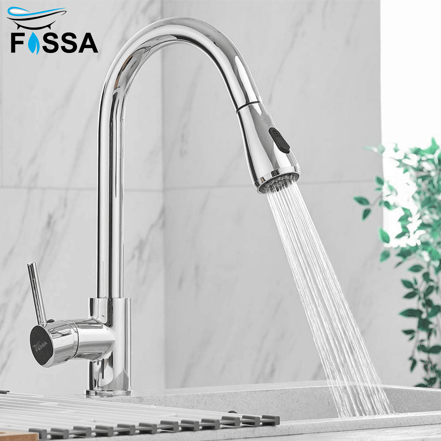 Fossa Kitchen Sink Mixer Tap with Pull Down Sprayer, Single Handle High Pull Out Kitchen Taps, Single Level Stainless Steel (Black Chrome) - Fossa Home 
