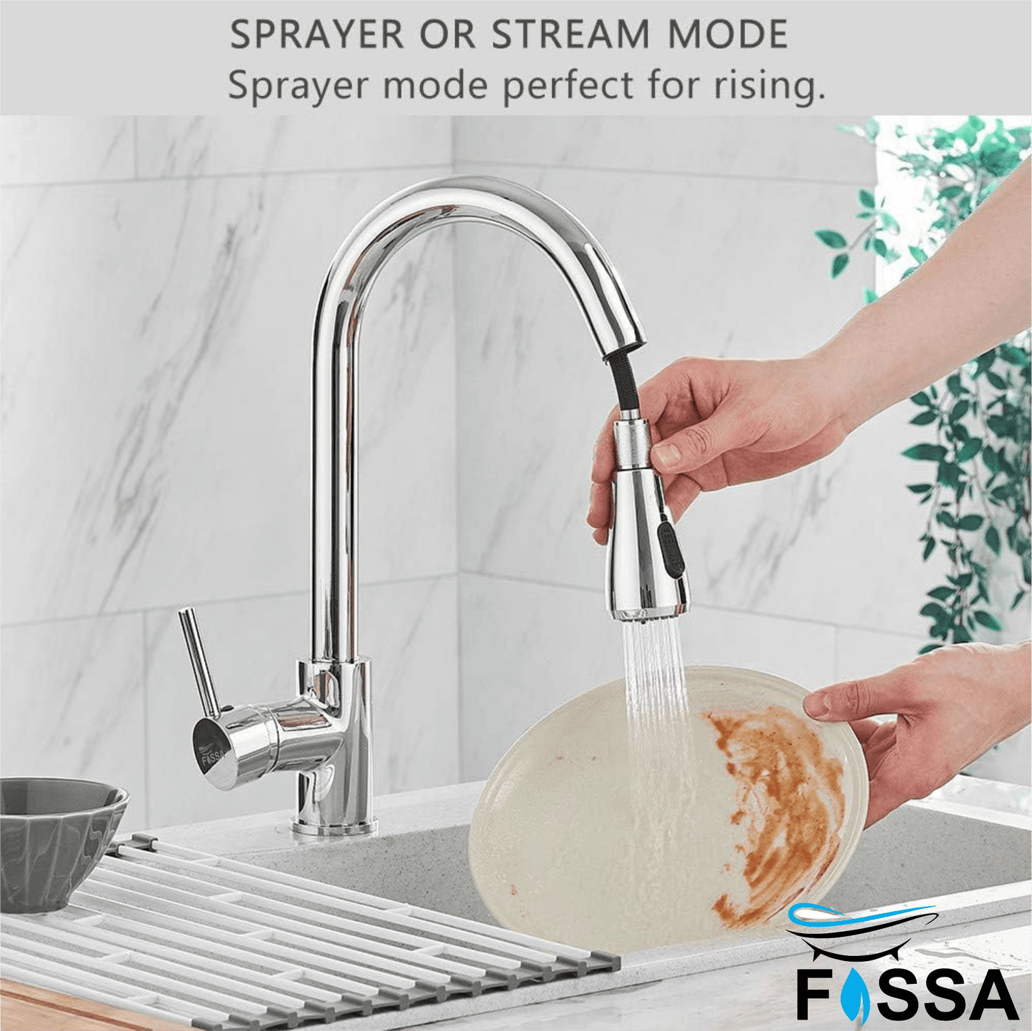 Fossa Kitchen Sink Mixer Tap with Pull Down Sprayer, Single Handle High Pull Out Kitchen Taps, Single Level Stainless Steel (Black Chrome) - Fossa Home 