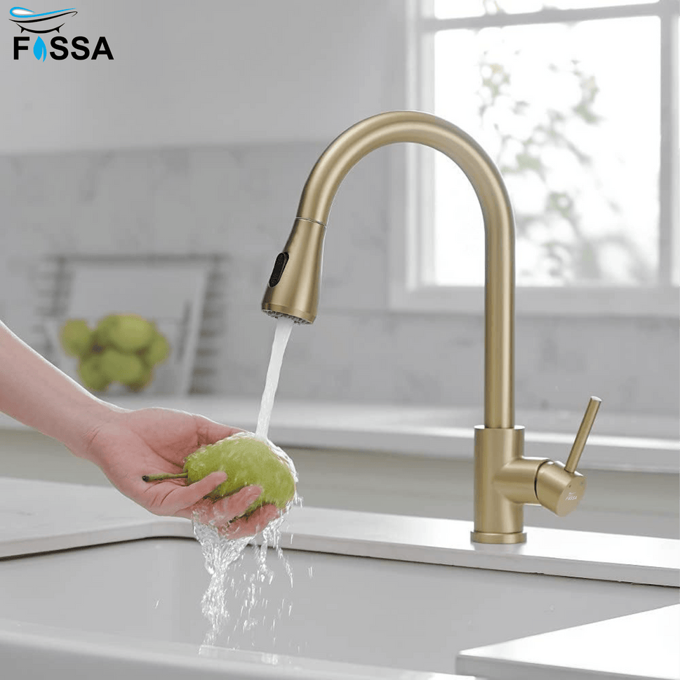 Fossa Kitchen Sink Mixer Tap with Pull Down Sprayer, Single Handle High Pull Out Kitchen Taps, Single Level Stainless Steel (Gold) - Fossa Home 