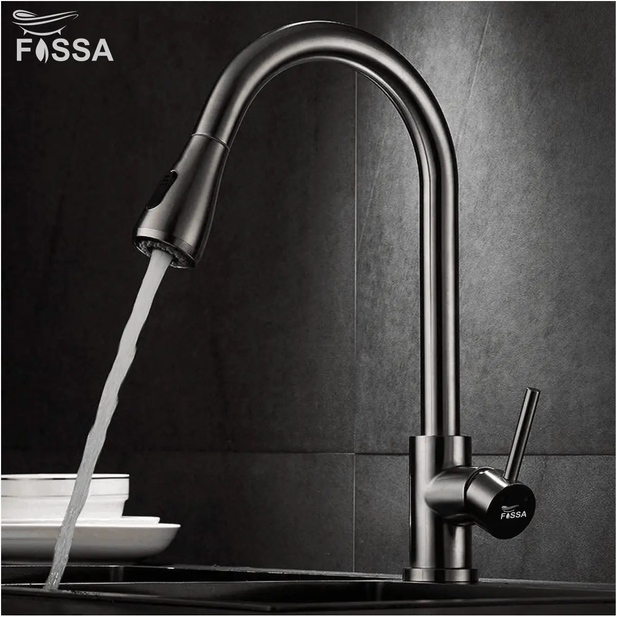 Fossa Kitchen Sink Mixer Tap with Pull Down Sprayer, Single Handle High Pull Out Kitchen Taps, Single Level Stainless Steel Silver ( Heavy weight ) Fossa Home