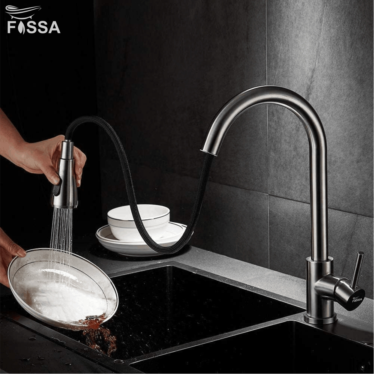 Fossa Kitchen Sink Mixer Tap with Pull Down Sprayer, Single Handle High Pull Out Kitchen Taps, Single Level Stainless Steel (Silver) - Fossa Home 