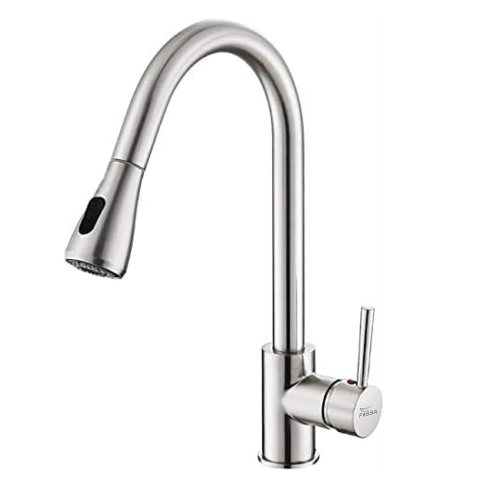 Fossa Kitchen Sink Mixer Tap with Pull Down Sprayer, Single Handle High Pull Out Kitchen Taps, Single Level Stainless Steel Silver ( Light weight ) Fossa Home