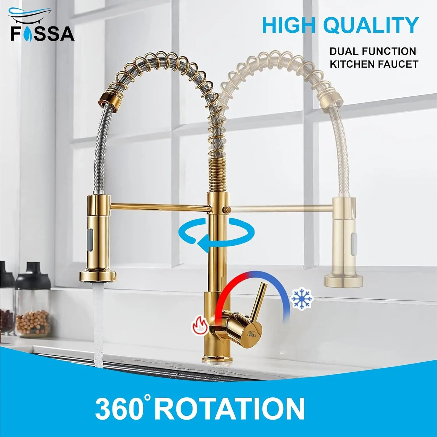 Fossa Kitchen Taps, Kitchen Sink Mixer Tap with Pull Down Sprayer, Kitchen Mixer Taps 1 Hole, 360°Swivel Spring Kitchen Faucet Single Handle Lever, 2 Spray... Fossa Home