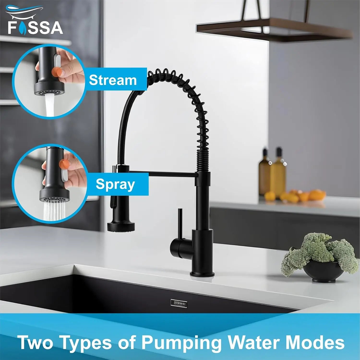 Fossa Kitchen Taps, Kitchen Sink Mixer Tap with Pull Down Sprayer, Kitchen Mixer Taps 1 Hole, 360°Swivel Spring Kitchen Faucet Single Handle Lever, 2 Spray Modes Chrome Finish (Black) Fossa Home