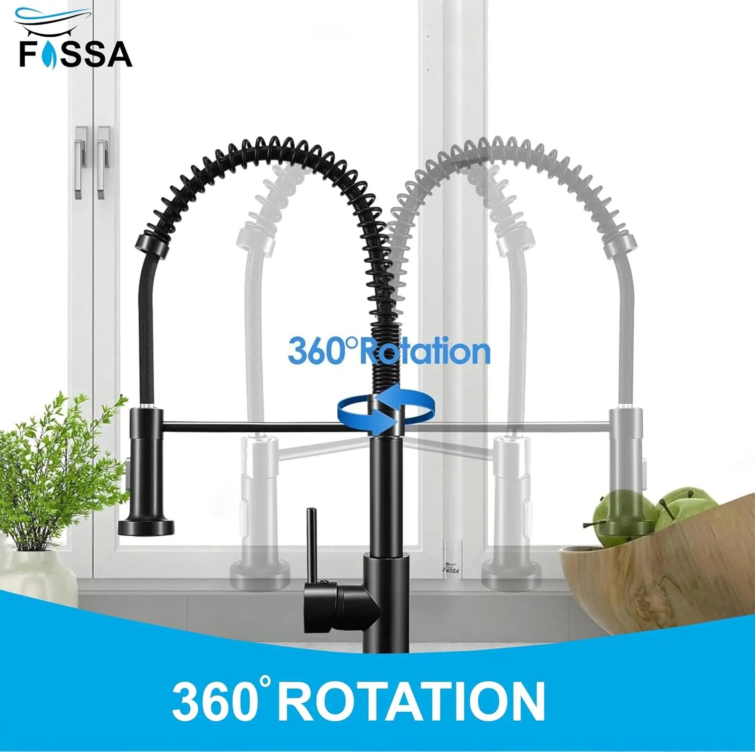 Fossa Kitchen Taps, Kitchen Sink Mixer Tap with Pull Down Sprayer, Kitchen Mixer Taps 1 Hole, 360°Swivel Spring Kitchen Faucet Single Handle Lever, 2 Spray Modes Chrome Finish (Black) Fossa Home