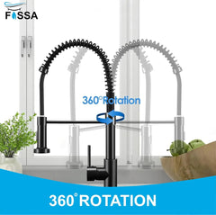 Fossa Kitchen Taps, Kitchen Sink Mixer Tap with Pull Down Sprayer, Kitchen Mixer Taps 1 Hole, 360°Swivel Spring Kitchen Faucet Single Handle Lever, 2 Spray Modes Chrome Finish (Black) Fossa Home