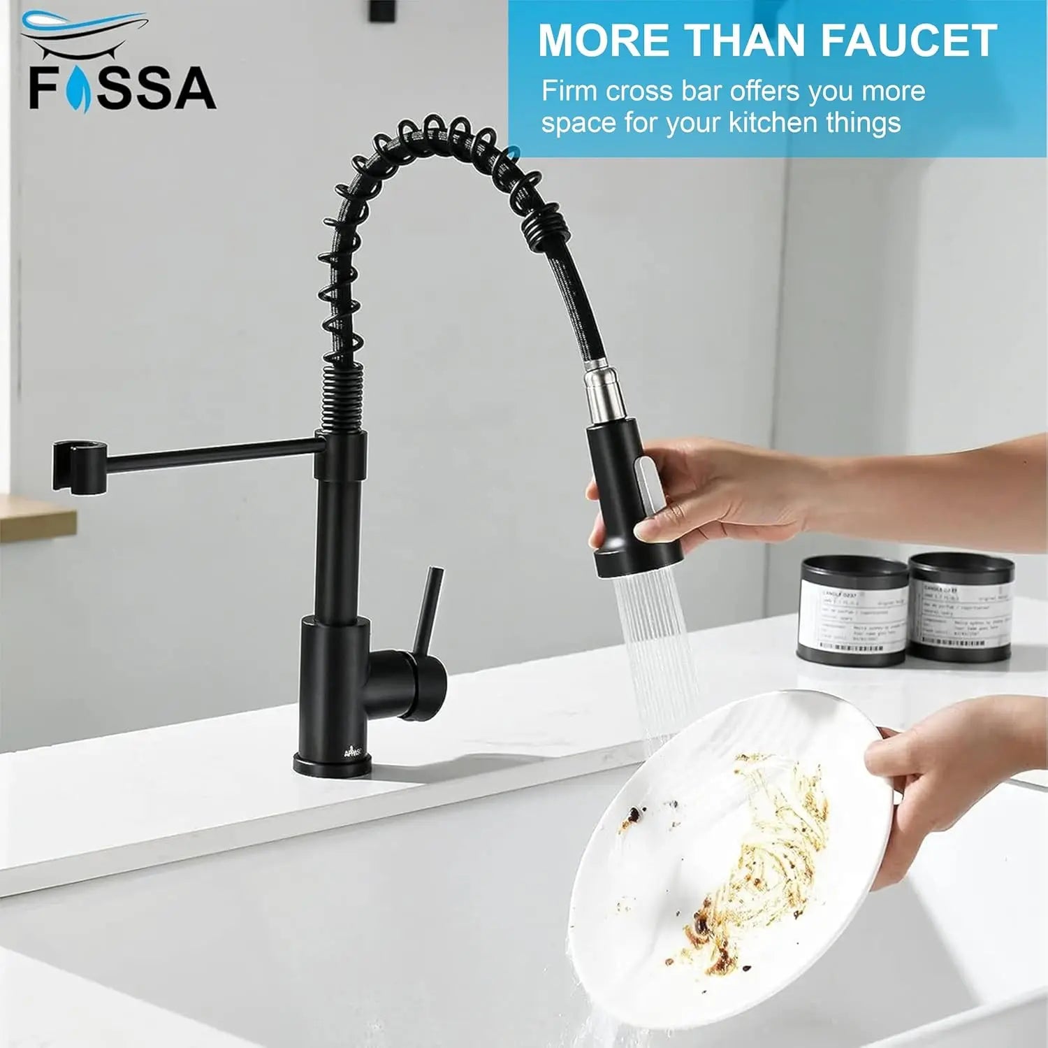 Fossa Kitchen Taps, Kitchen Sink Mixer Tap with Pull Down Sprayer, Kitchen Mixer Taps 1 Hole, 360°Swivel Spring Kitchen Faucet Single Handle Lever, 2 Spray Modes Chrome Finish (Black) Fossa Home