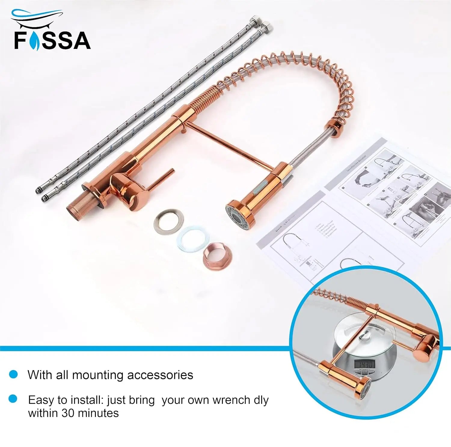 Fossa Kitchen Taps, Kitchen Sink Mixer Tap with Pull Down Sprayer, Kitchen Mixer Taps 1 Hole, 360°Swivel Spring Kitchen Faucet Single Handle Lever, 2 Spray Modes (Chrome Finish) Rose Gold Fossa Home