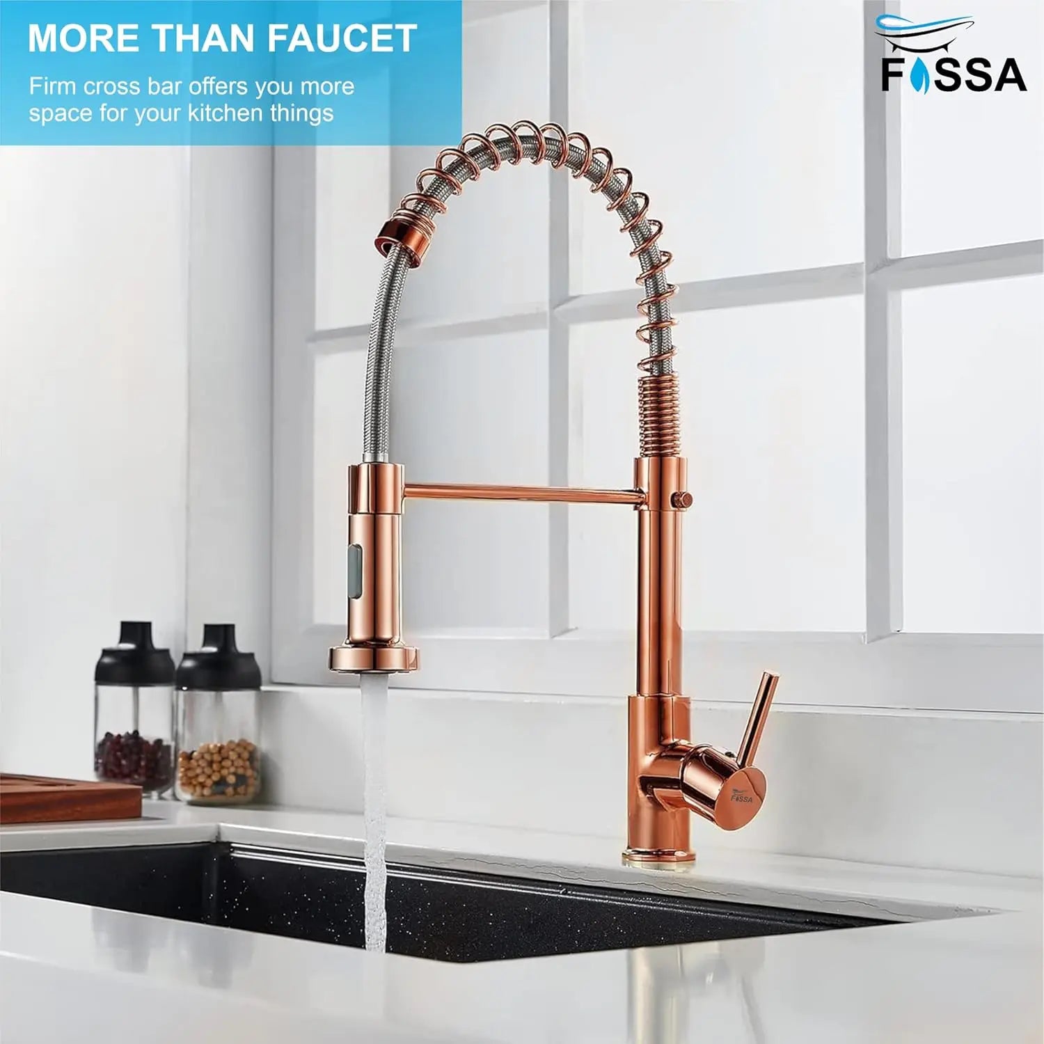 Fossa Kitchen Taps, Kitchen Sink Mixer Tap with Pull Down Sprayer, Kitchen Mixer Taps 1 Hole, 360°Swivel Spring Kitchen Faucet Single Handle Lever, 2 Spray Modes (Chrome Finish) Rose Gold Fossa Home