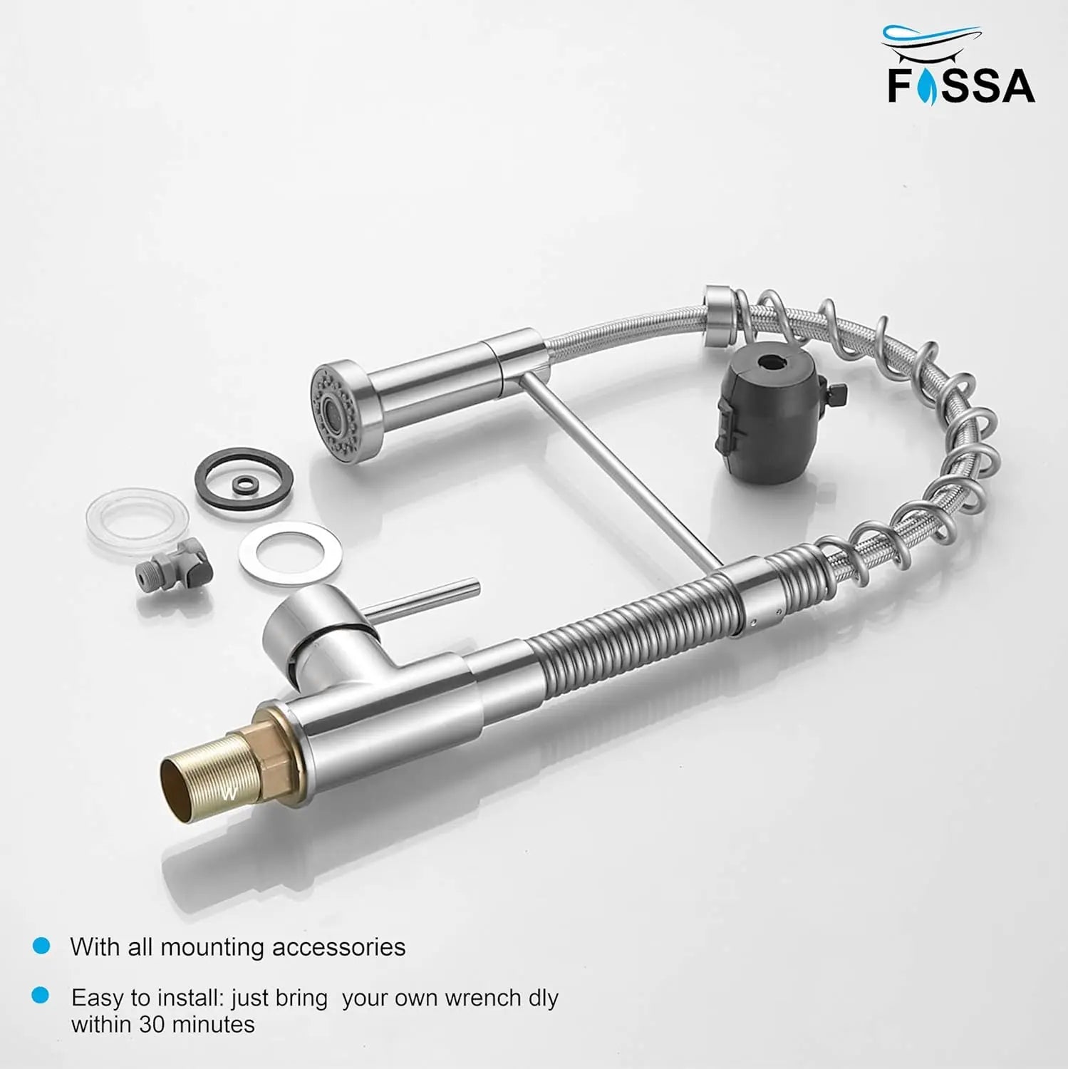 Fossa Kitchen Taps, Kitchen Sink Mixer Tap with Pull Down Sprayer, Kitchen Mixer Taps 1 Hole, 360°Swivel Spring Kitchen Faucet Single Handle Lever, 2 Spray Modes (Chrome Finish) (Silver) Fossa Home