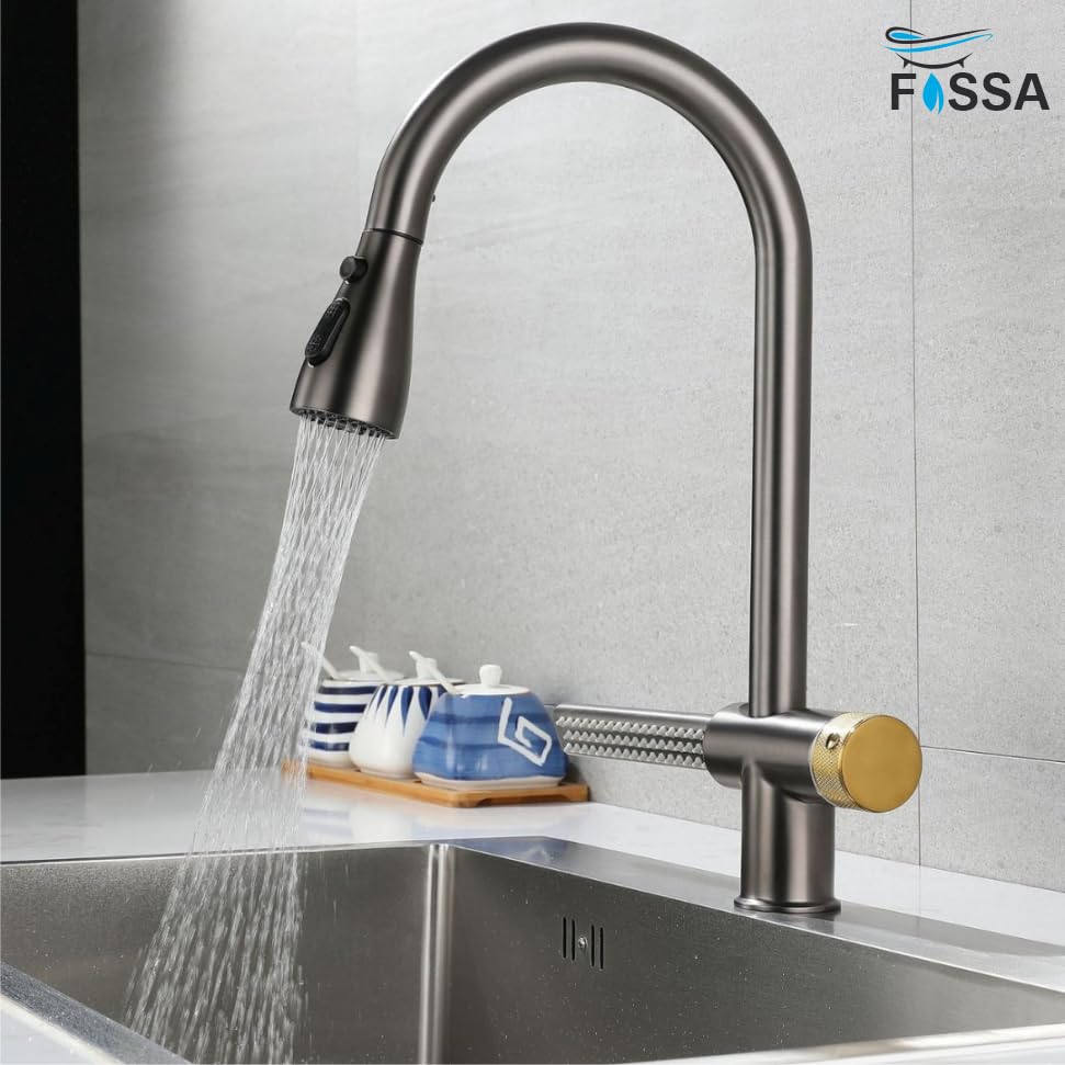 Fossa Kitchen faucets with Pull Down Sprayer with Waterfall Shower Stainless Steel Single Hole Hot and Cold Water Swivel Pull Down Kitchen Faucet-Grey Black (Grey Black) Fossa Home
