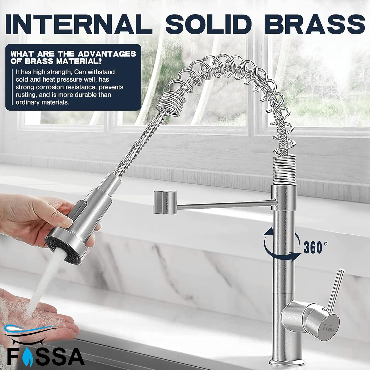 Fossa Pull Down Sprayer, Kitchen Mixer Tap 360° Swivel, Commercial Kitchen Faucet Single Handle Mixer Tap with 2 Spray Modes Brushed (Silver) Fossa Home