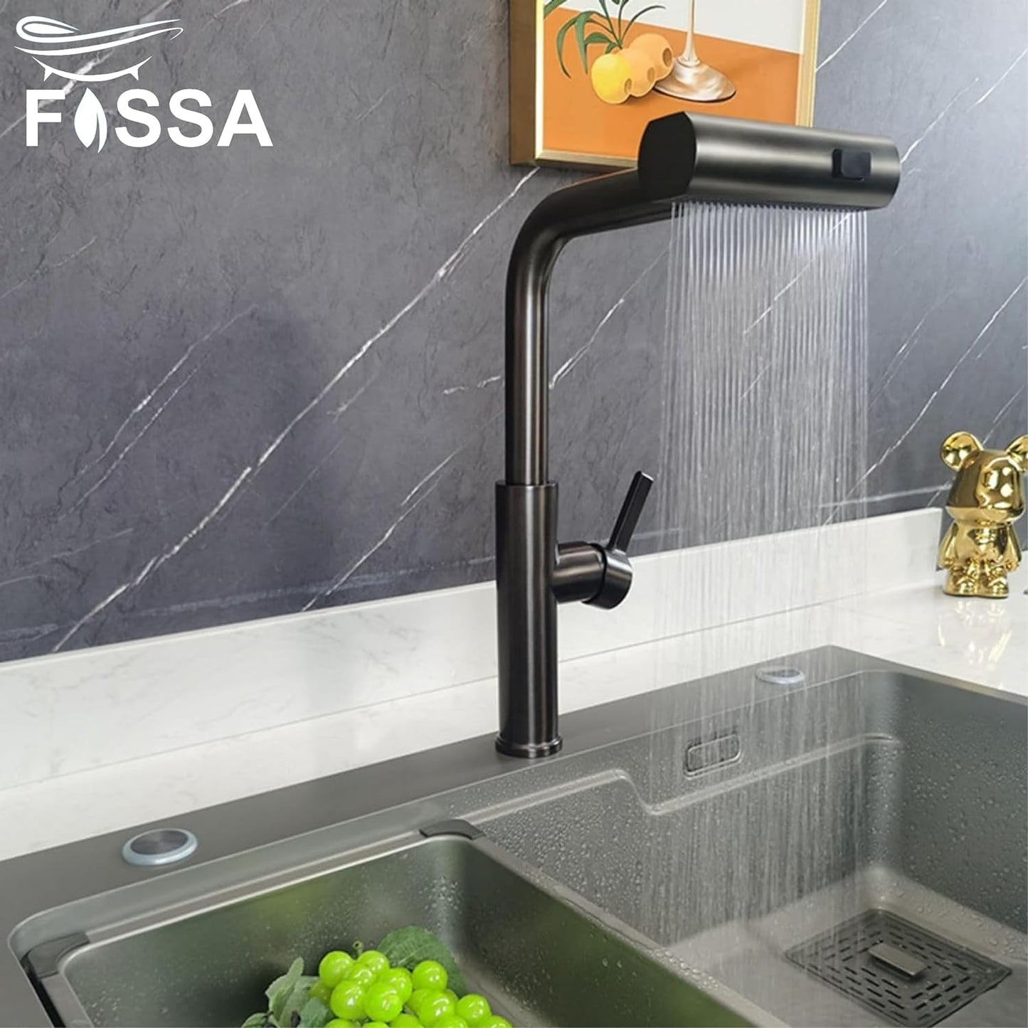 Fossa Pull-Out Kitchen Faucet, Stainless Steel Sink Faucet, Single Lever Rainfall Waterfall Faucet for Sinks, Black Fossa Home