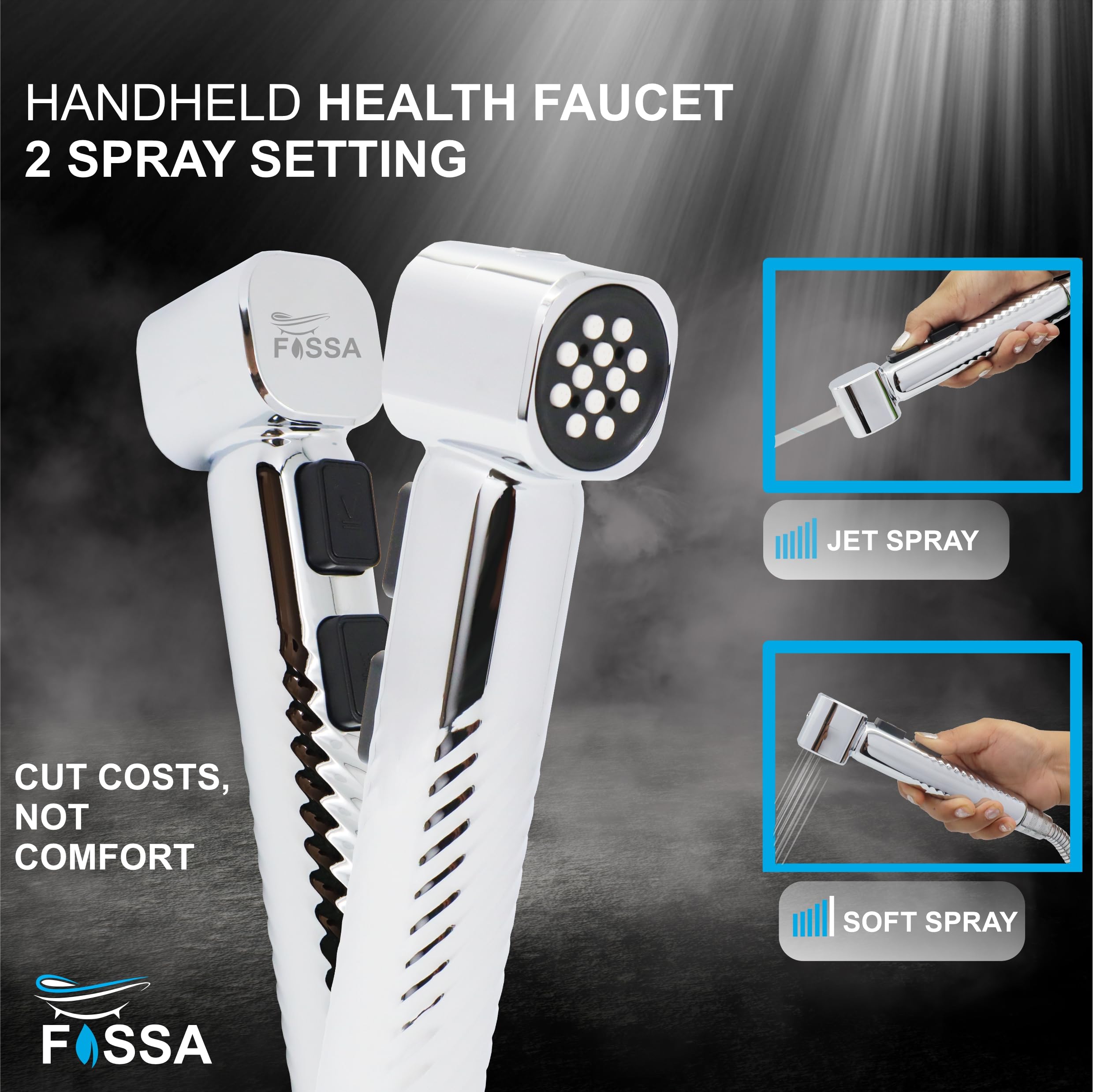 Fossa Rolex ABS Dual Function Health Faucet with Stainless Steel 1Meter Flexible Hose Pipe and Wall Hook, Jet Spray for Toilet Chrome Finish (Silver) Fossa Home