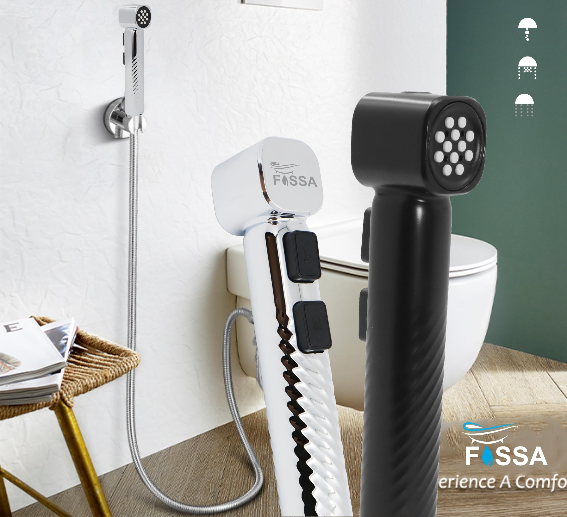 Fossa Rolex ABS Dual Function Health Faucet with Stainless Steel 1Meter Flexible Hose Pipe and Wall Hook, Jet Spray for Toilet Chrome Finish (Silver) Fossa Home