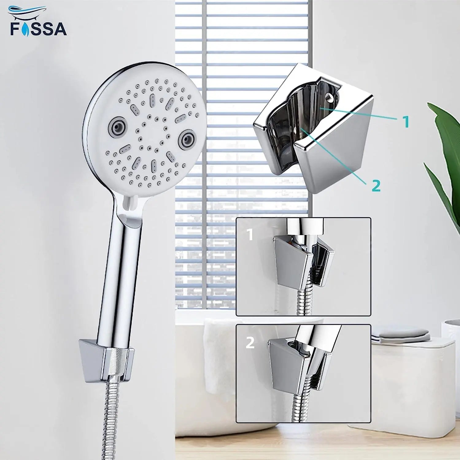 Fossa Shower Head Powerful Flow with 1.5m Chrome Shower Hose Pressure Boosting Shower Head Spray with 5 Modes Water Saving Bathing for Adults Children Pets Home and Gym Use Fossa Home