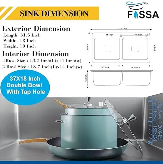 Fossa Silver Kitchen Sink - 32"x18"x10" Inch Stainless Steel Double Bowl Sink With Tap Hole,Drain Basket, Soap Dispenser, Siphon Drain - Topmount Sink for Campervan or Home Kitchen Fossa Home