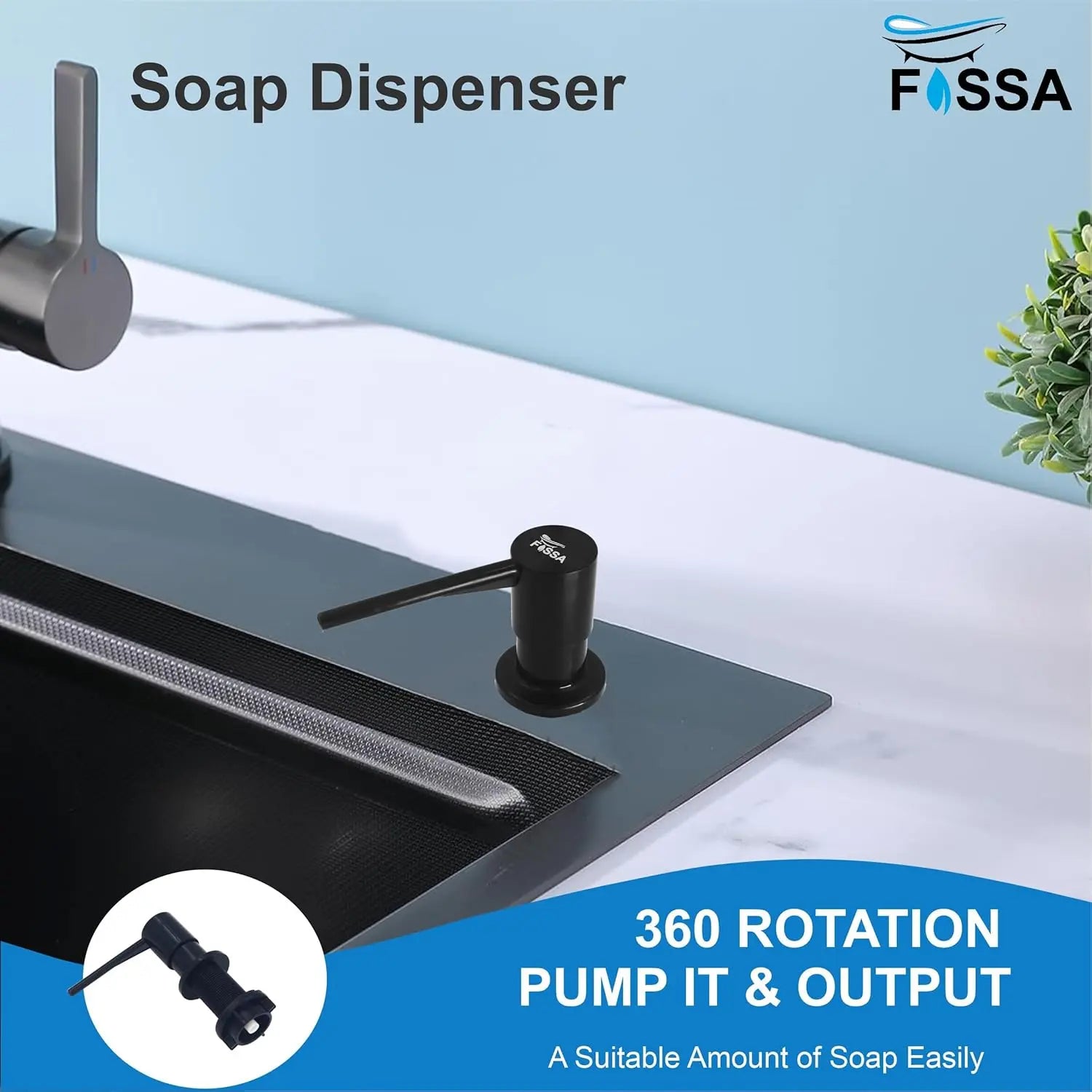 Fossa Soap Dispenser for Kitchen Sink ABS Plastic Built in Sink Soap Dispenser with Refillable Bottle 300ml Capacity Brushed Nickel (Black) Fossa Home