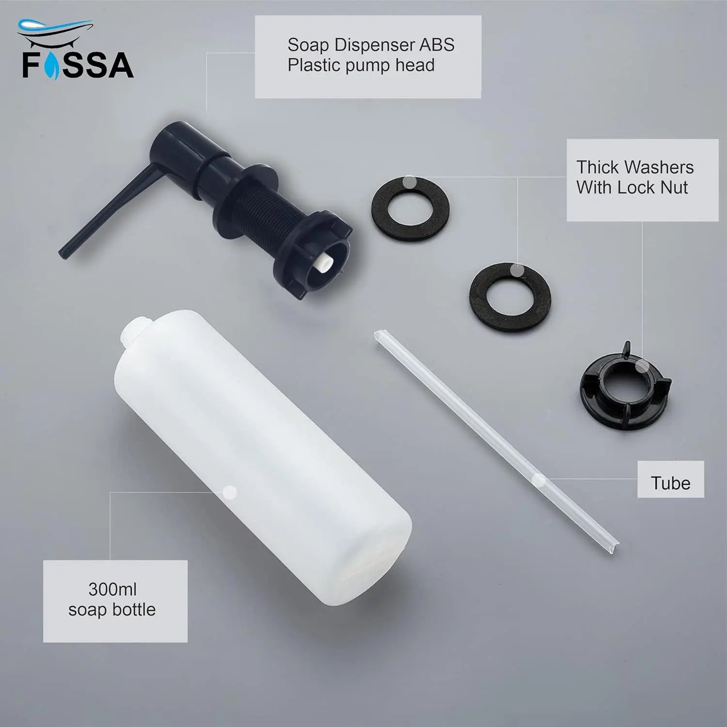 Fossa Soap Dispenser for Kitchen Sink ABS Plastic Built in Sink Soap Dispenser with Refillable Bottle 300ml Capacity Brushed Nickel (Black) Fossa Home