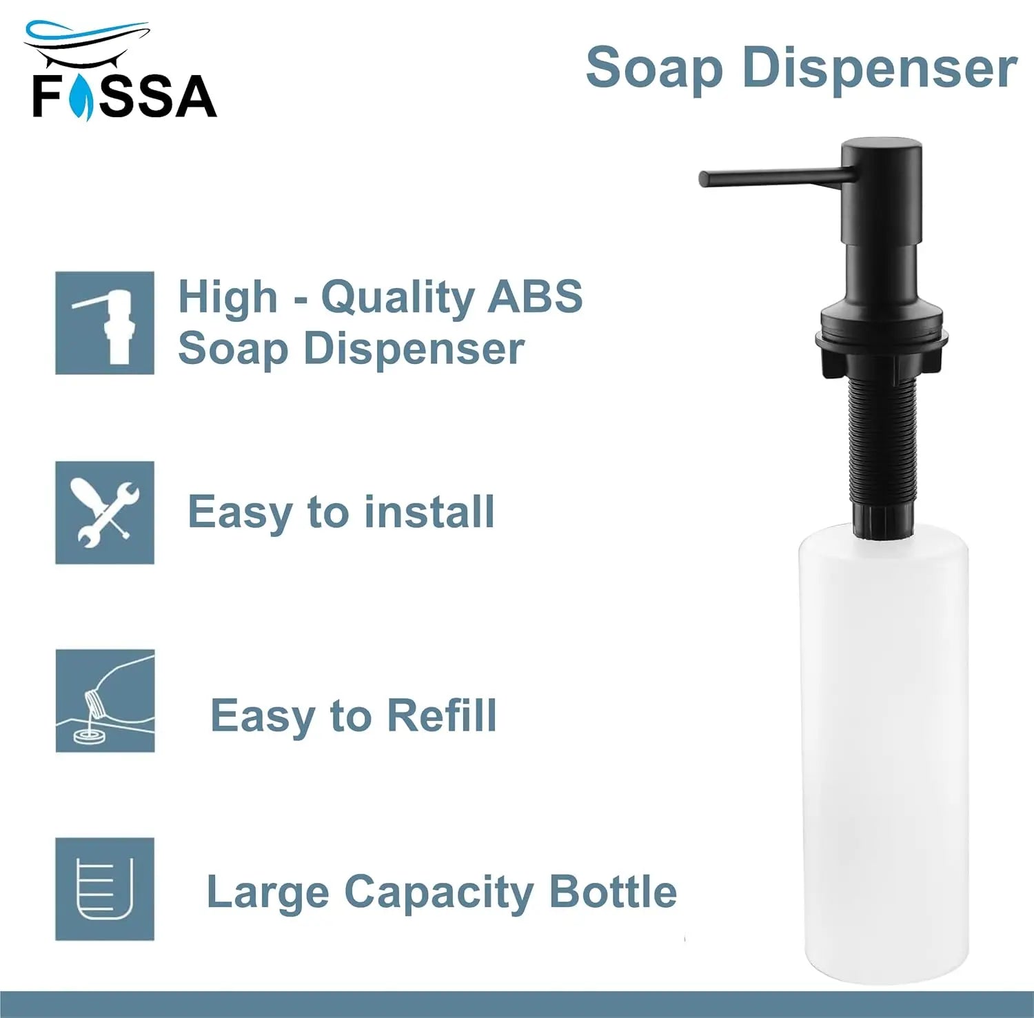 Fossa Soap Dispenser for Kitchen Sink ABS Plastic Built in Sink Soap Dispenser with Refillable Bottle 300ml Capacity Brushed Nickel (Black) Fossa Home