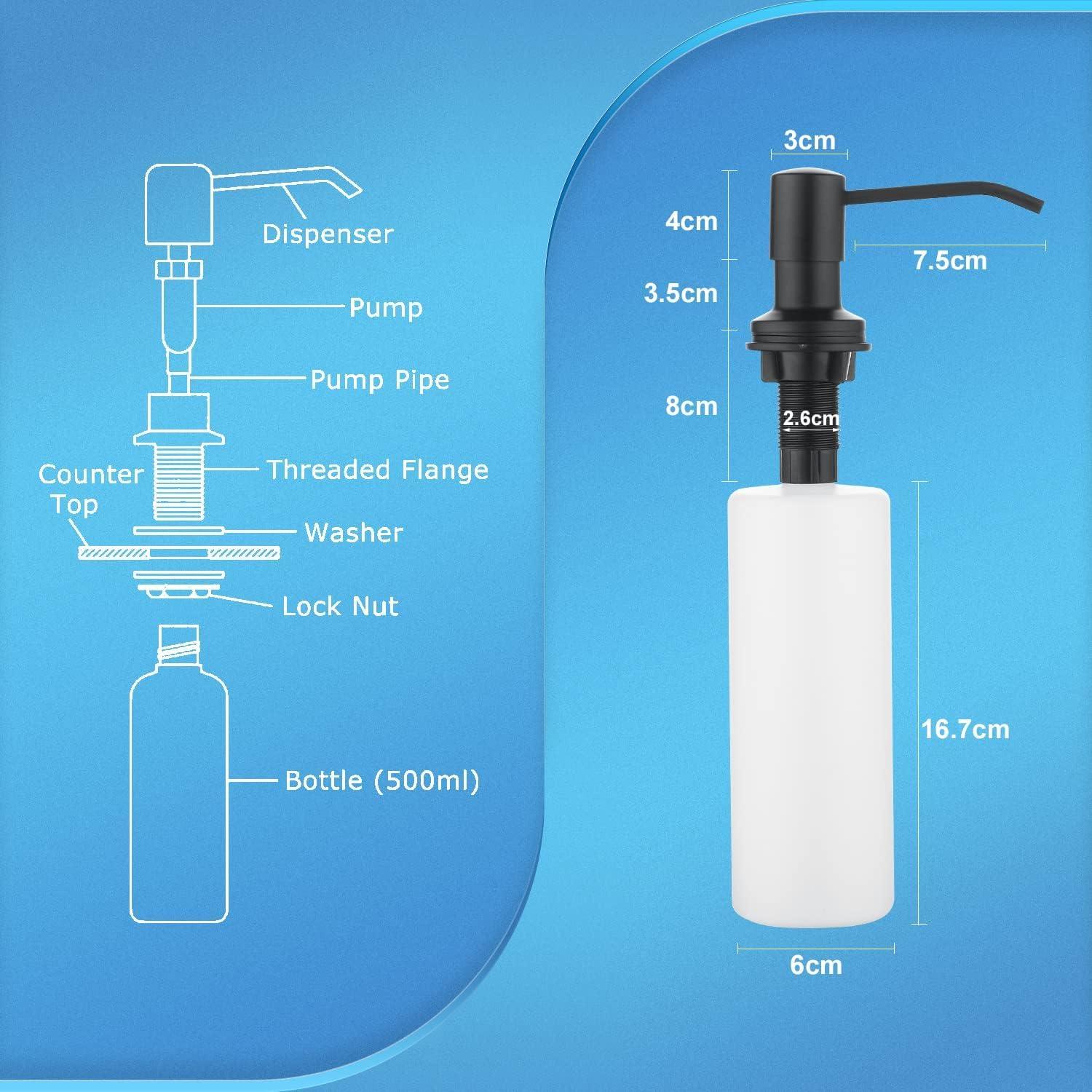 Fossa Soap Dispenser for Kitchen Sink Stainless Steel Built in Sink Soap Dispenser with Refillable Bottle 300ml Capacity Black - Fossa Home 