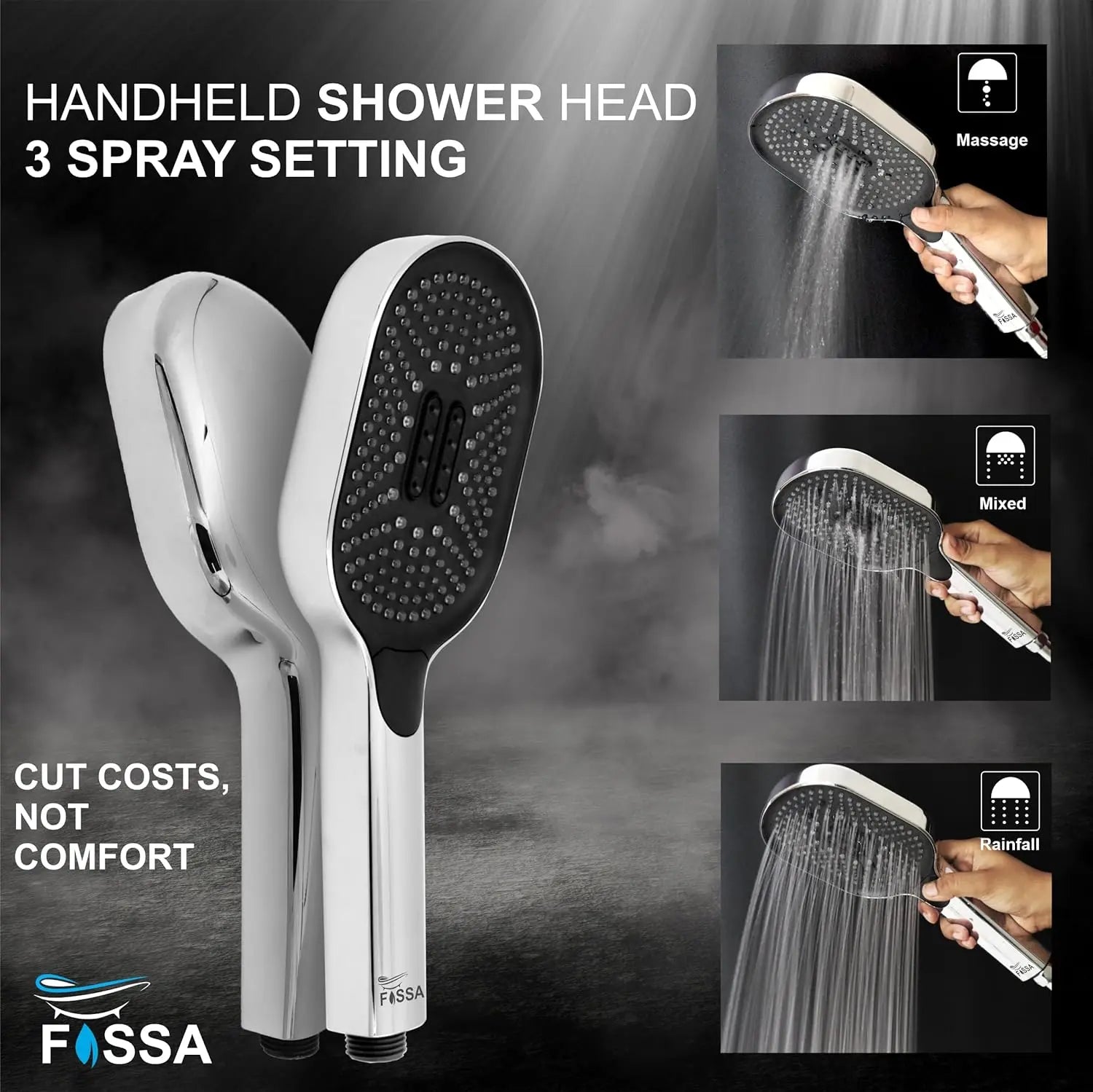 Fossa Thunder Black Luxury Handheld Shower Head with 3 Spray Setting Modes, Multi-Function, Large Hand Shower with Wall Hook and 1M SS Shower Tube,Handheld Shower for Bathroom (Chrome Finish) Fossa Home