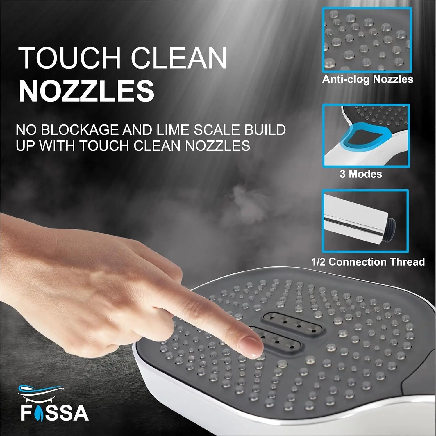 Fossa Thunder Black Luxury Handheld Shower Head with 3 Spray Setting Modes, Multi-Function, Large Hand Shower with Wall Hook and 1M SS Shower Tube,Handheld Shower for Bathroom (Chrome Finish) Fossa Home
