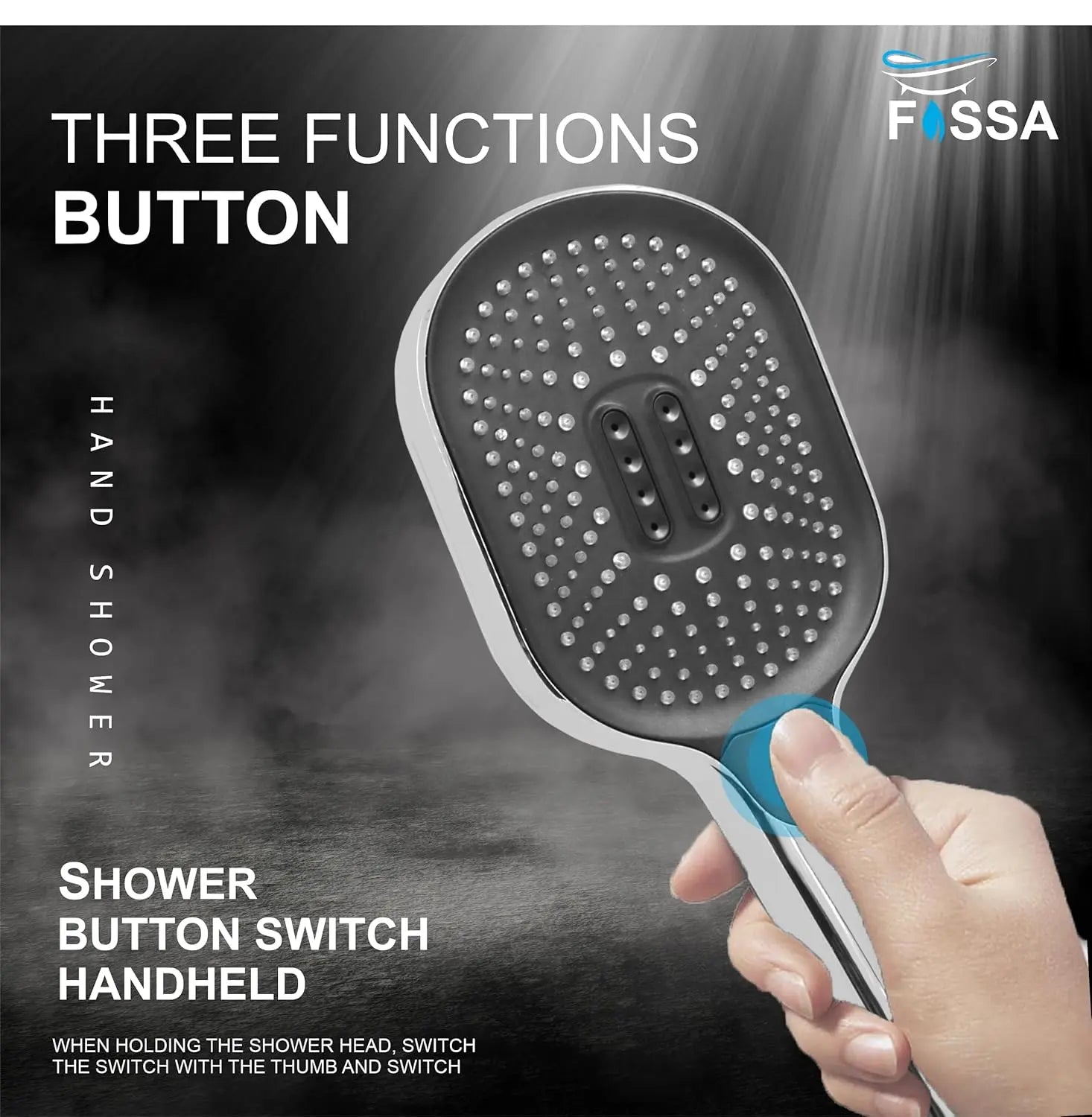Fossa Thunder Black Luxury Handheld Shower Head with 3 Spray Setting Modes, Multi-Function, Large Hand Shower with Wall Hook and 1M SS Shower Tube,Handheld Shower for Bathroom (Chrome Finish) Fossa Home