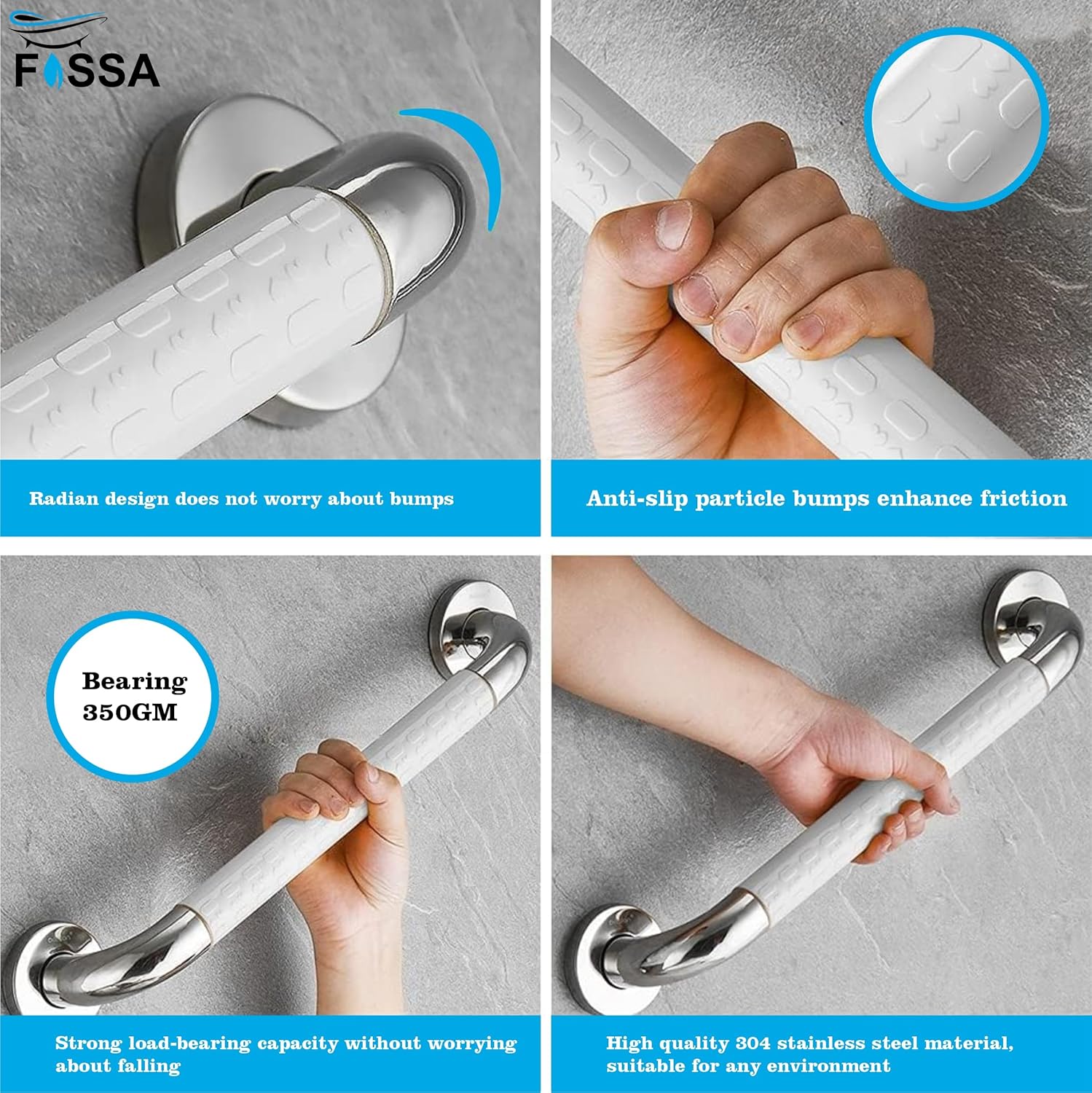Fossa 12 Inch 304 Stainless Steel Luminous Grab Bar Wall Mounted Safety Balance Handle | Non-Slip for Elderly, Kids | Strong Load Bearing Armrest- Pack of 1 Silver & White (Chrome Finish)
