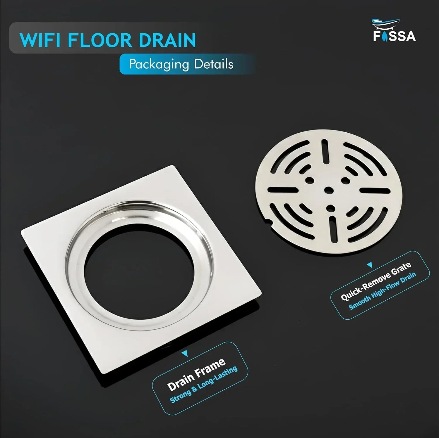 Wifi Floor Drain (5 x 5 Inches) Premium Stainlees Steel - Fossa Home 