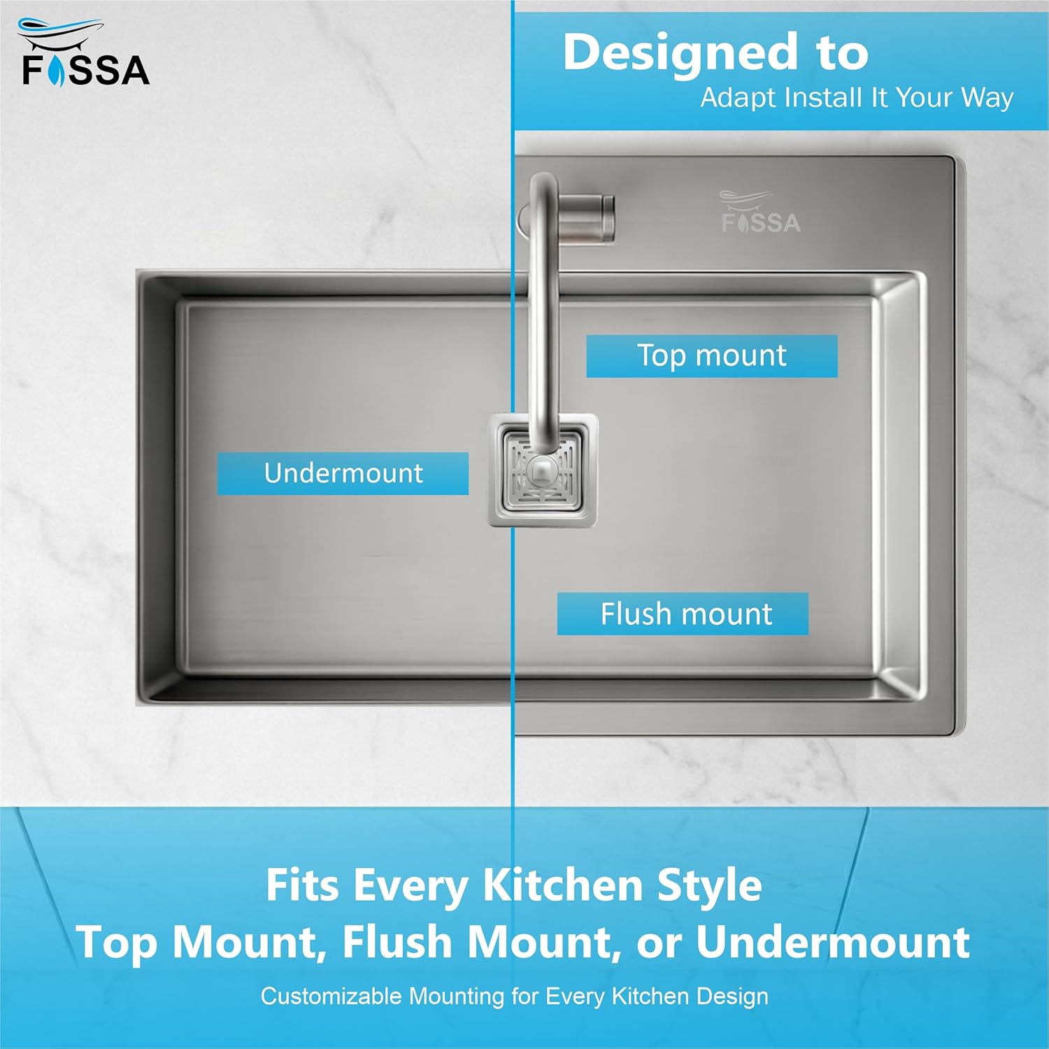 21x18 inch silver stainless steel kitchen sink installed in modern kitchen countertop