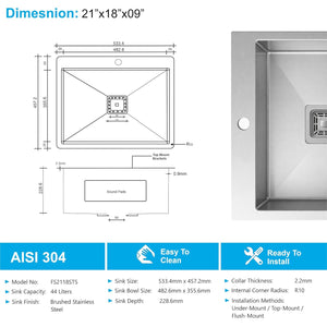 21x18 inch stainless steel single bowl kitchen sink top view with dimension details and tap hole