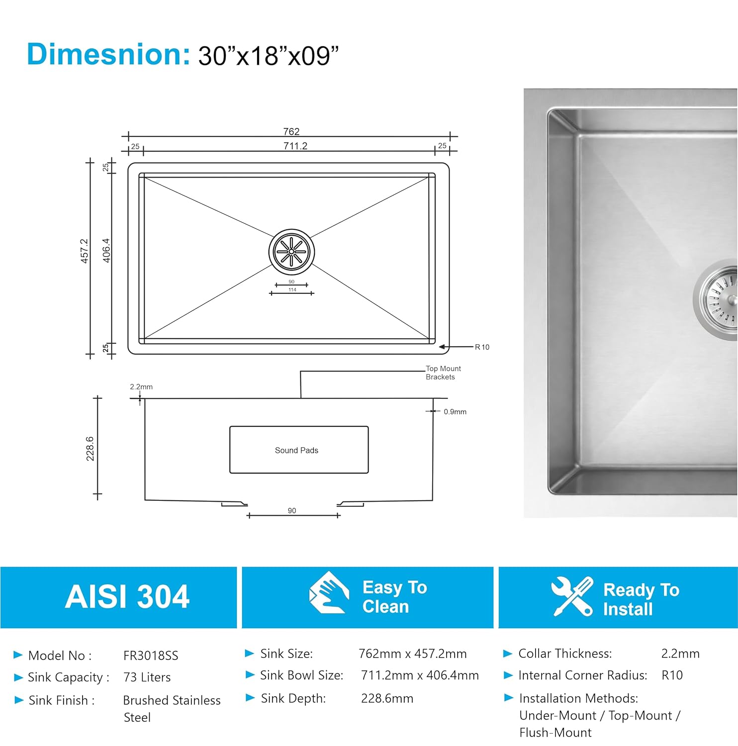 30x18x09 inch, handmade, single bowl, round coupling.